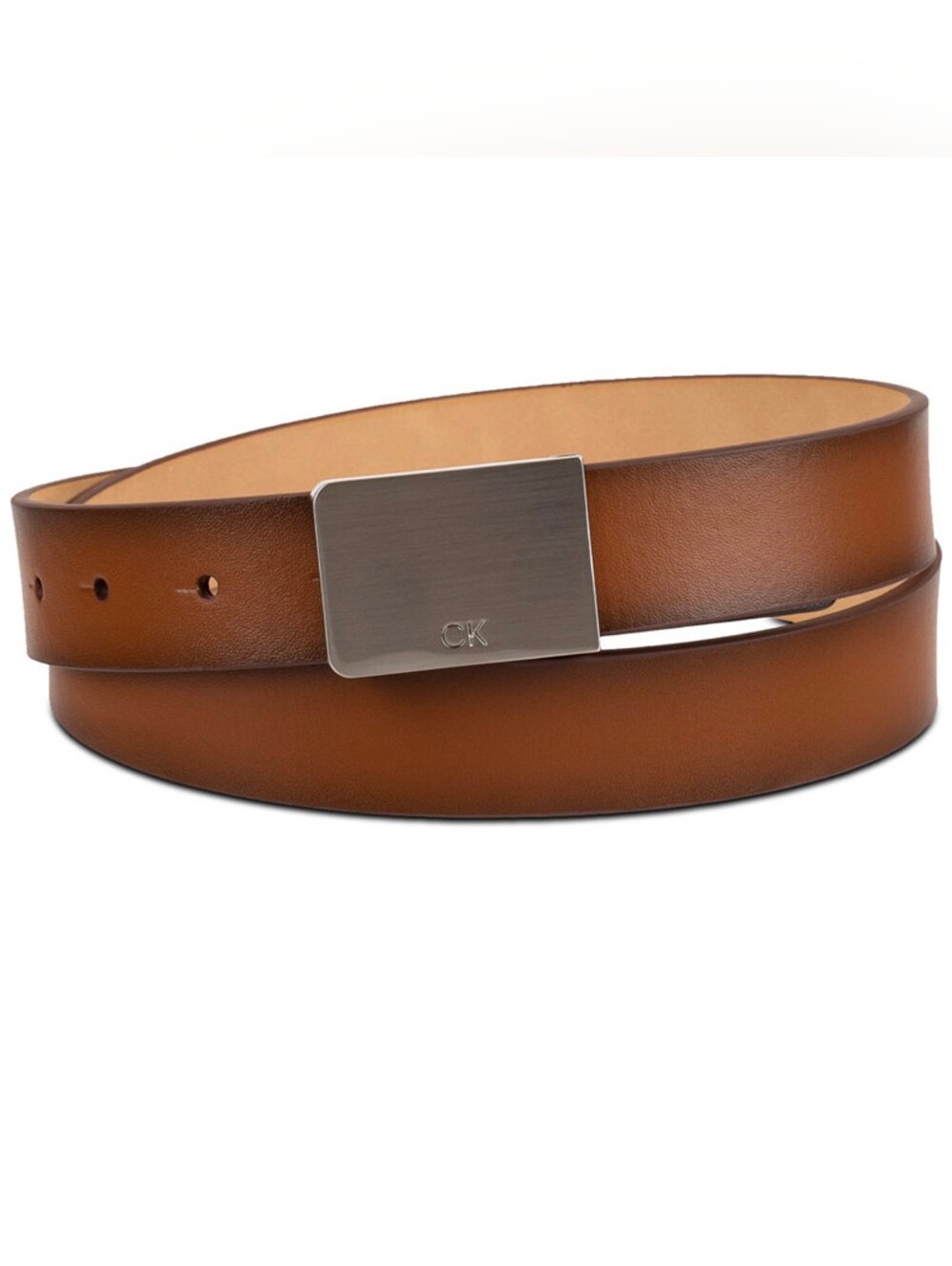 Calvin Klein Men's Cognac Leather Logo Plaque Belt Silver Buckle Small 30-32